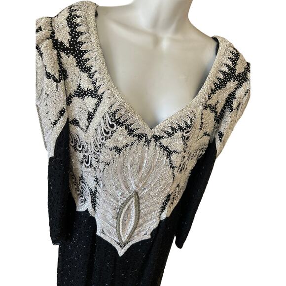 Clianna Beaded Evening Dress White Blk & Silver beads Long Women SZ M - Picture 3 of 10